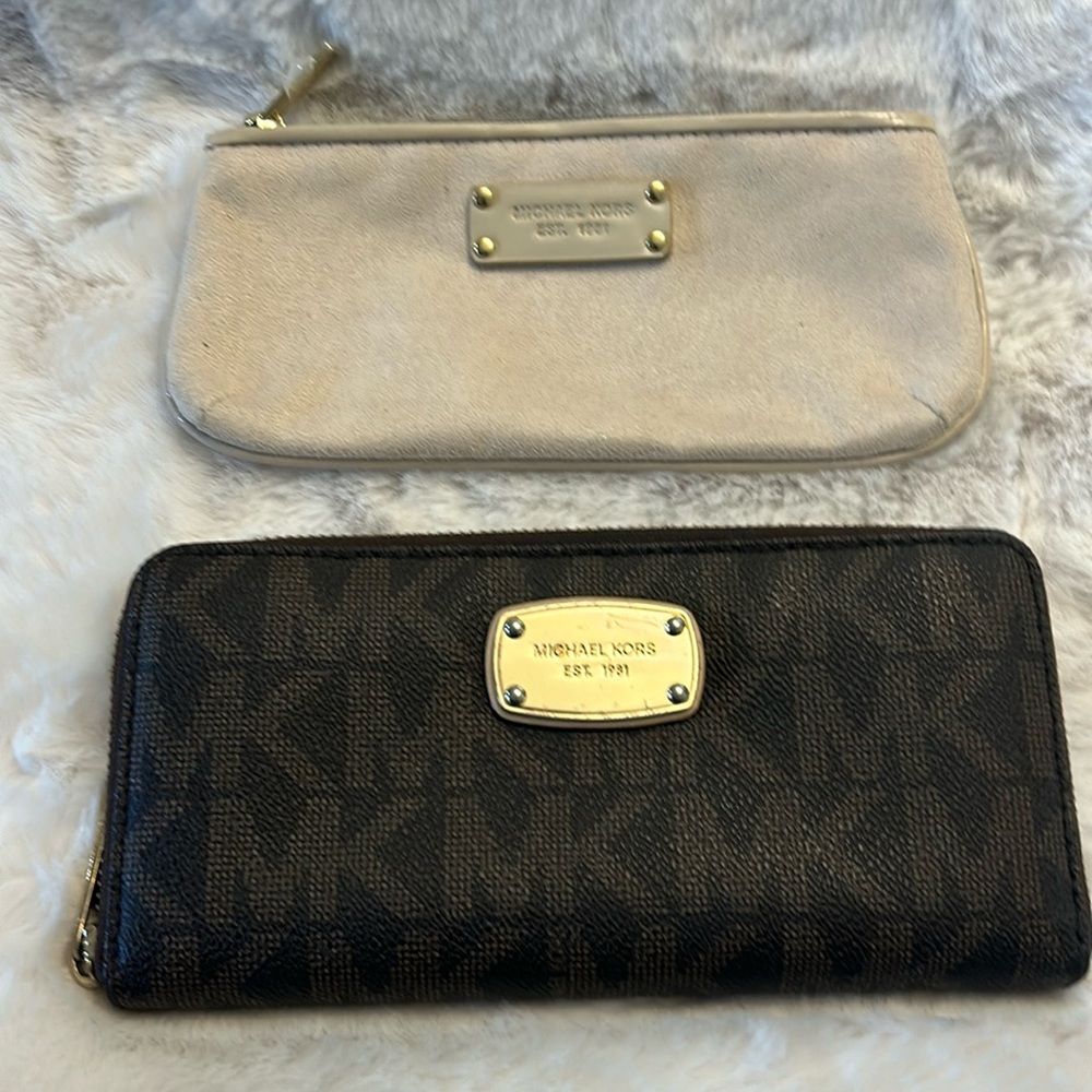 Michael Kors Beige Suede Pouch & Brown MK Signature Zip Wallet